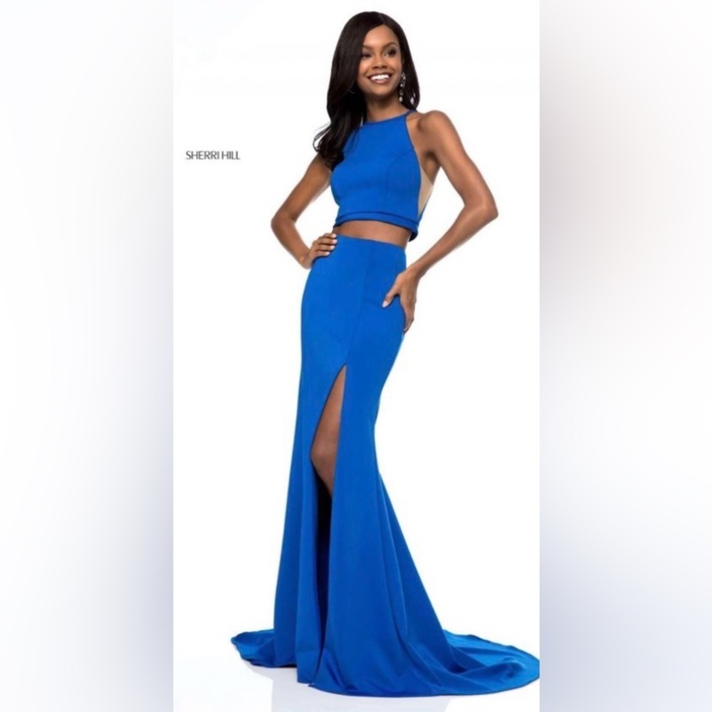 Sherri Hill 52042 Bright Blue Halter Top Cropped Dress Top 2